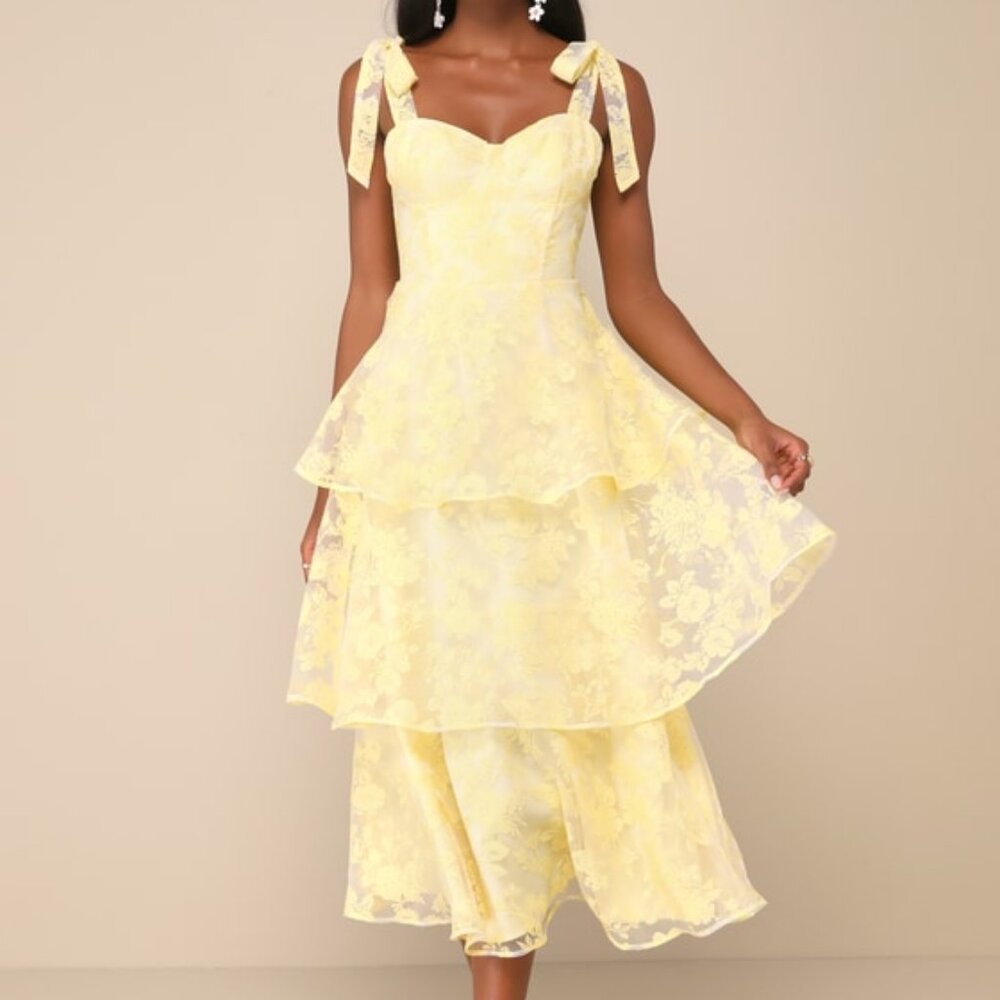 Lulus Glamorous Sweetie Yellow Burnout Tie-strap Bustier Midi Dress - Size S